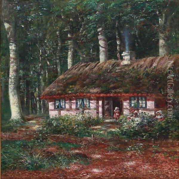 Forest Scene With Two Girls At A Thatched House Oil Painting - Carl Christian E. Carlsen