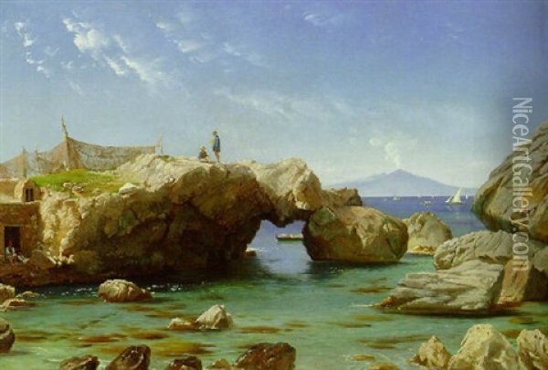 A Rocky Coast With Vesuvius Beyond Oil Painting - Carl Frederik Peder Aagaard