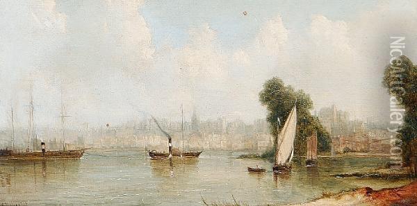 Shipping On An Estuary Oil Painting - A.H. Vickers