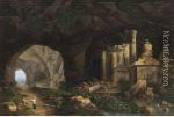 A Grotto With Nymphs Resting Near Classical Columns And Ornaments Oil Painting - Christian Wilhelm Ernst Dietrich