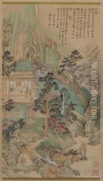 Depictionof A Gathering Of Scholars In A Verdant Landscape Oil Painting - Chen Shuren