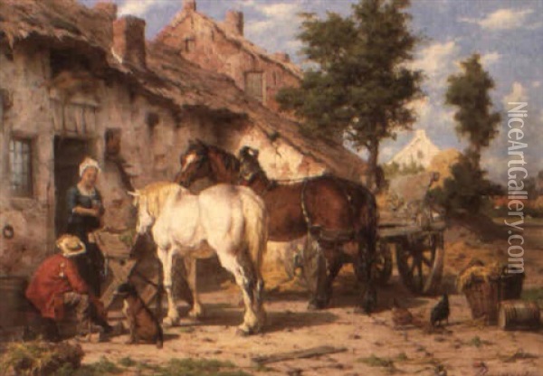 Resting Horses In A Farm Yard Oil Painting - Willem Jacobus Boogaard