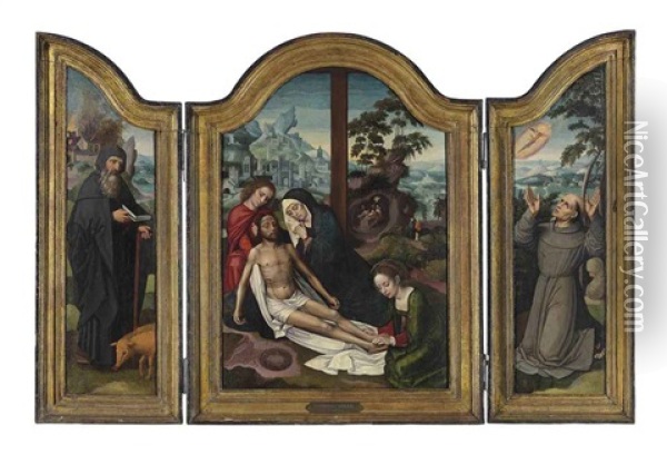 The Lamentation, With The Deposition Beyond (+ 2 Others; Triptych) Oil Painting - Ambrosius Benson