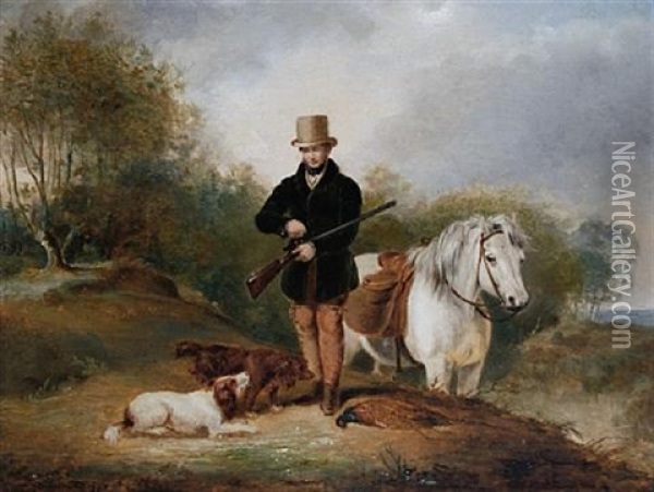Sportsman With Pony, Spaniels And Dead Pheasant Oil Painting - Abraham Cooper