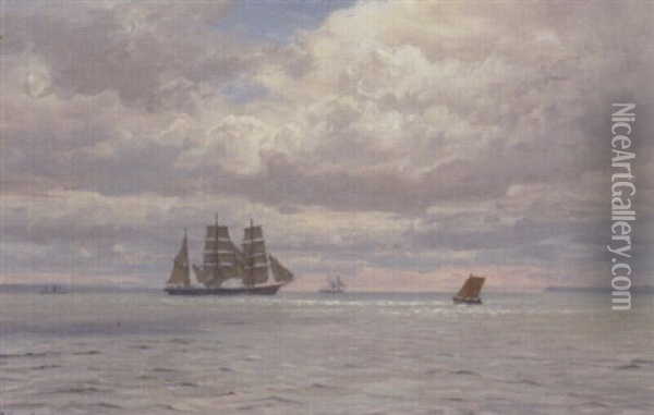Marine Med Tremaster Og Mindre Bade Oil Painting - Vilhelm Karl Ferdinand Arnesen