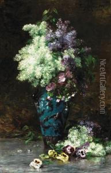 A Still Life Of Lilacs, Pansies And Other Flowers In A Porcelain Vase Oil Painting - Albert Tibule Furcy De Lavault