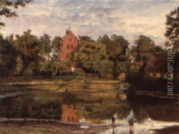 Young Boys Fishing At The Village Pond Oil Painting - Peter H. Wilhardt