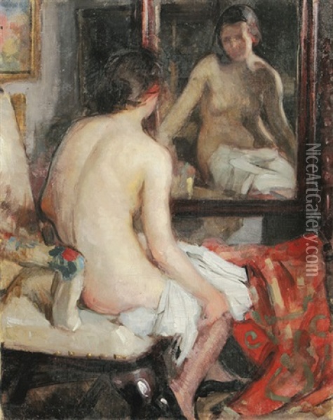 Vor Dem Spiegel. Sitzender Weiblicher Akt Oil Painting - Toni (Antonie) Schulz