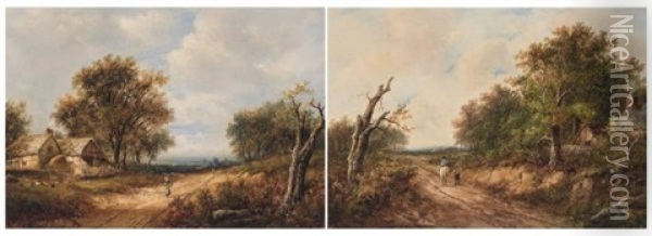 View Near Guildford, Sussex And Figures On A Road: A Pair Oil Painting - Joseph Thors