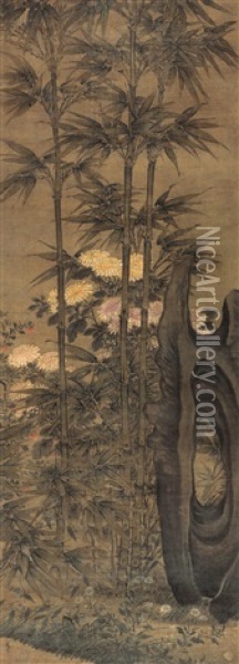 Bamboo, Chrysanthmum And Rocks Oil Painting -  Dai Jin