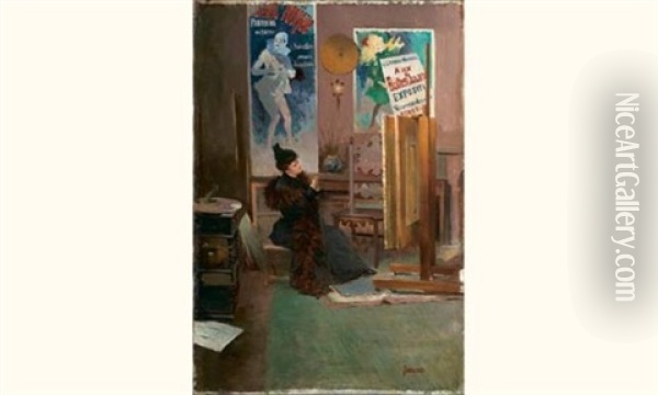 Jeune Femme Dans L'atelier De Jules Cheret Oil Painting - Etienne Albert Eugene Joannon-Navier