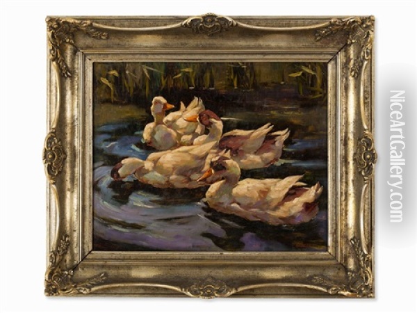 4 Ducks In A Pond Oil Painting - Franz Graessel