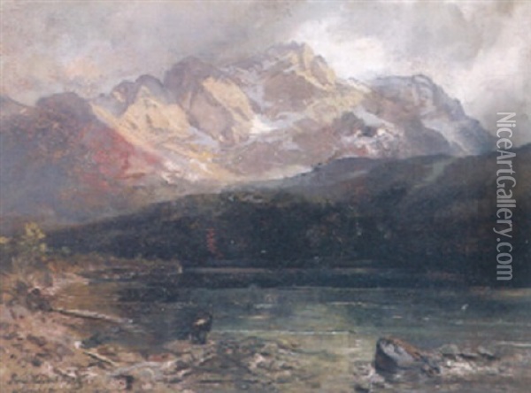 Der Eibsee Mit Zugspitze Oil Painting - Josef Haunstetter