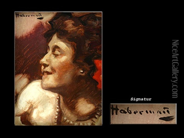 Portrait Einer Frau Mit Roter Blume Im Haar Oil Painting - Hugo von Habermann the Elder
