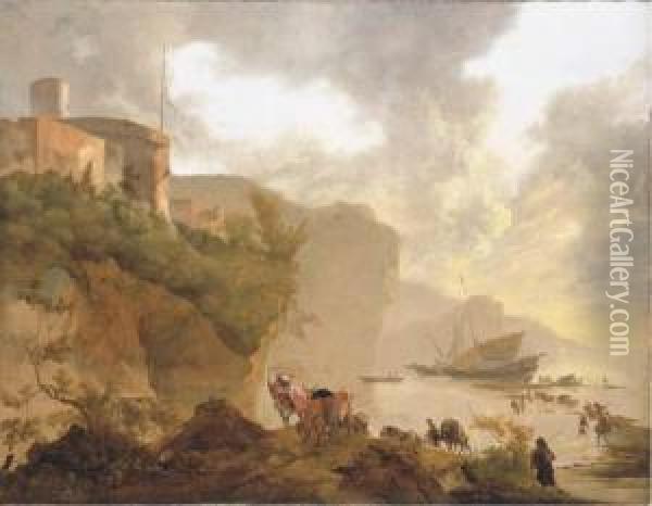 A Coastal Landscape With Stevedores Unloading A Ship, A Castlebeyond Oil Painting - Adam Pynacker