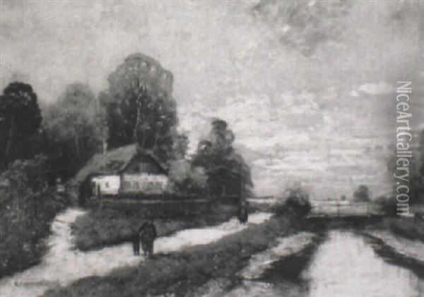 Bauernhaus In Weiter Kanallandschaft Oil Painting - Georg Fischhof