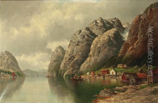 Fjordlandschaft Mit Booten Und Holzhausern Oil Painting - Adolf Kaufmann