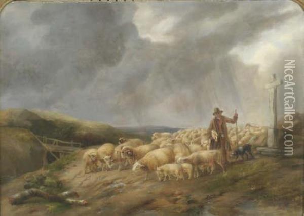 Shepherd And Flock On A Hillside Bears Signature And Dated 1866 20 X 28in Oil Painting - John Linnell