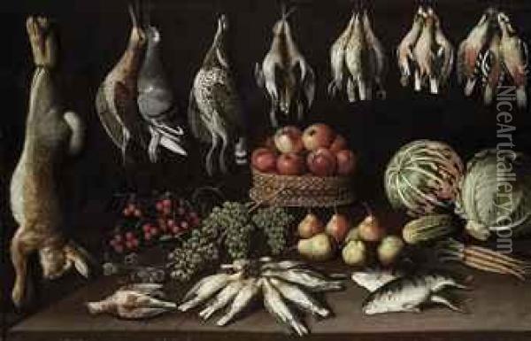 Apples In A Wicker Basket, With Pears, Grapes, Cherries, A Gherkin,lettuce, Melon, Dead Birds And Fish On A Wooden Table, With Arabbit, Woodcocks, A Pigeon And Other Birds Hanging Oil Painting - Albrecht Kauw