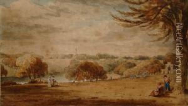 A Country House Landscape Garden With Figures, Lake, Temples And Stagecoach And Horses. Oil Painting - John White Abbott