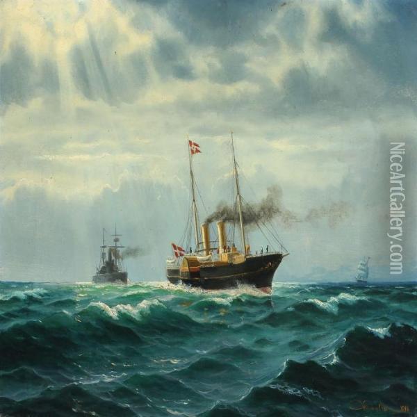 Seascape With The Old Royal Yacht Dannebrog Oil Painting - Christian Benjamin Olsen