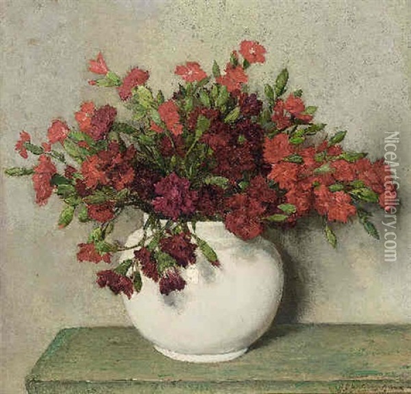 A Still Life With Red Carnations In A Vase Oil Painting - Johannes Evert Hendrik Akkeringa