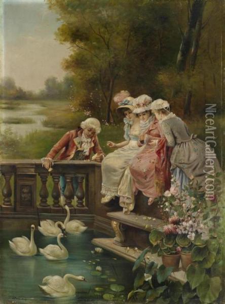 Three Young Ladies And A Gentleman In Rococo Costume Feeding The Swans In The Park Oil Painting - Hans Zatzka