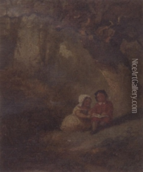 Two Children Reading Oil Painting - William M. Hart