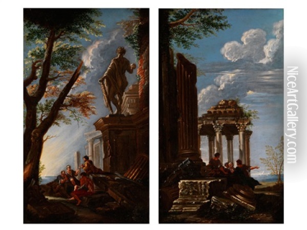 Antike Ruinenlandschaft Mit Figurenstaffage (+ Another, Similar; Pair) Oil Painting - Giovanni Ghisolfi