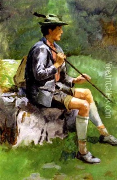 Sitzender Junger Wanderer Mit Stock Oil Painting - Julius von Blaas