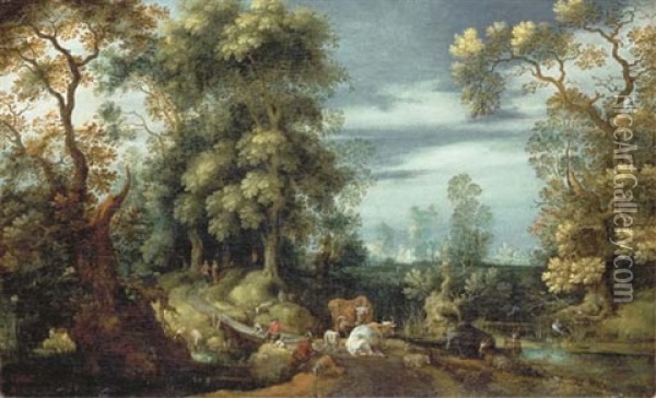A Wooded Landscape With Peasants, Shepherds And Animals On A Path By A Bridge, A Village In The Distance Oil Painting - Gillis Claesz De Hondecoeter