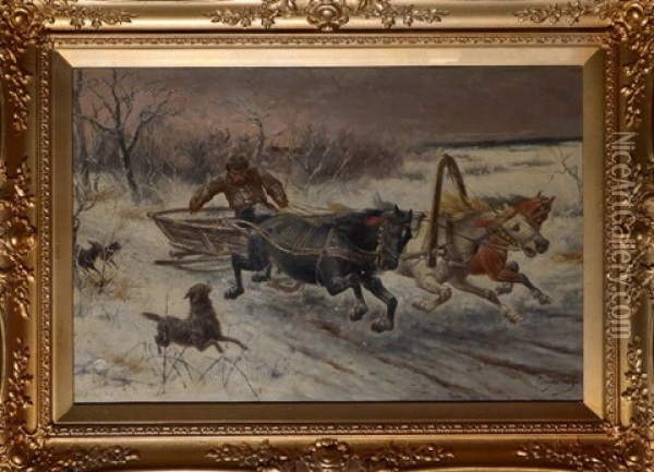 A Dog Sled Attacked By Wolves Oil Painting - Adolf (Constantin) Baumgartner-Stoiloff