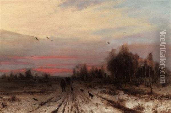 Winterliche Landschaft Mit Jagern Im Abendrot Oil Painting - Ludwig Lanckow