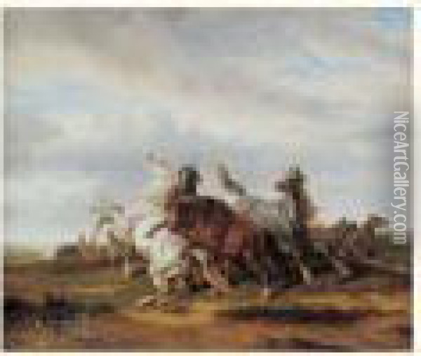 Combat De Chevaux Sauvages Oil Painting - Edouard Bernard Swebach