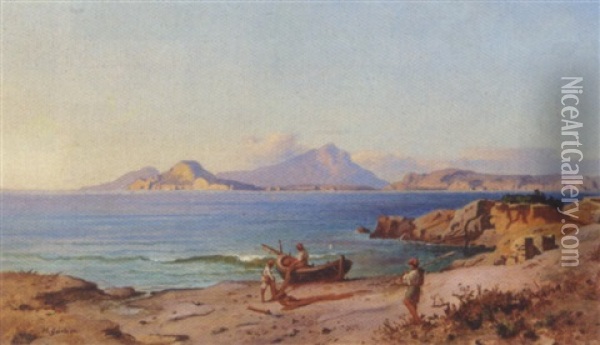 Parti Fra Napolibugten Med Fiskere I Arbejde Pa Stranden Oil Painting - Heinrich Gaertner