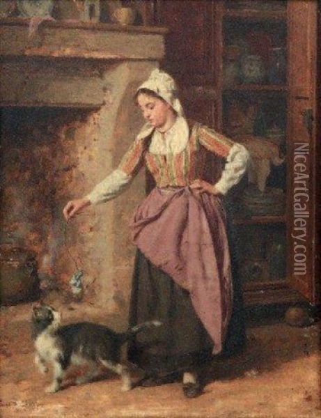 Jeune Femme Jouant Avec Un Chat Oil Painting - Pierre Jean Edmond Castan