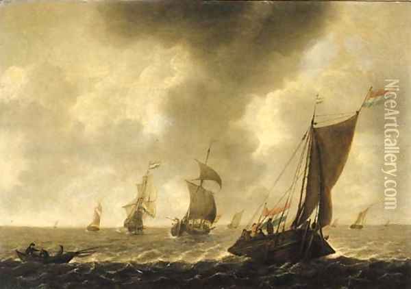 A wijdschip sailing before the wind with fishermen in a rowing boat, other shipping beyond, in choppy waters Oil Painting - Jan Porcellis