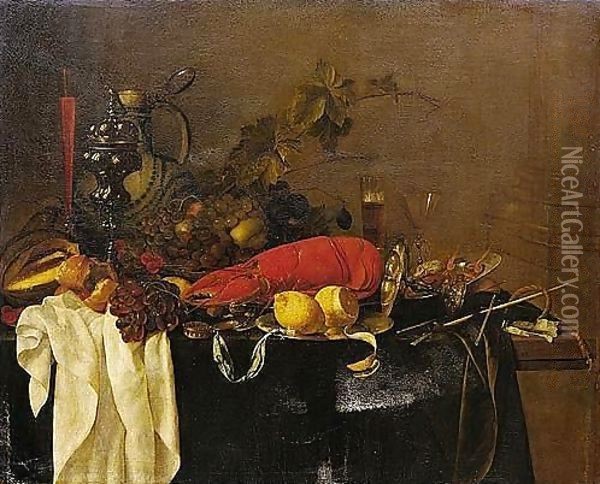 A Still Life With A Lobster, Fruit, Lemons, A Porcelain Jug, Pewter Vessels And A Facon-de-venise Wine-glass, All On A Table Draped In Green Velvet Oil Painting - Jan Davidsz. De Heem