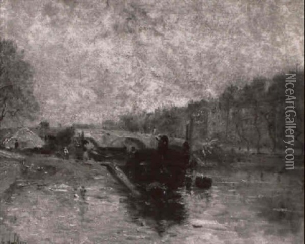 Peniche Amarree En Bord De Seine Oil Painting - Gustave Madelain
