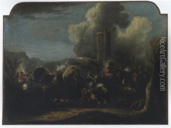 Scontro Di Cavalleria Con Torre Circolare Oil Painting - Francesco Monti