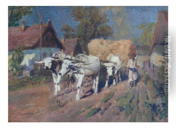 Oxen And Hay Wagon Oxen And Hay Wagon Oil Painting - Karoly Cserna