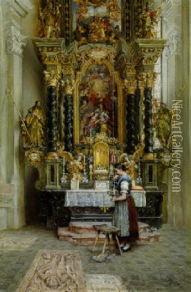 Bauerndirndl Vor Dem Marienaltar Der Pfarrkirche Rattenberg Oil Painting - Otto Piltz