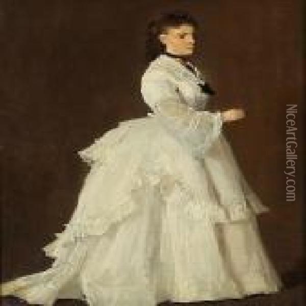 An Elegant Lady In A White Dress Oil Painting - Otto Bache