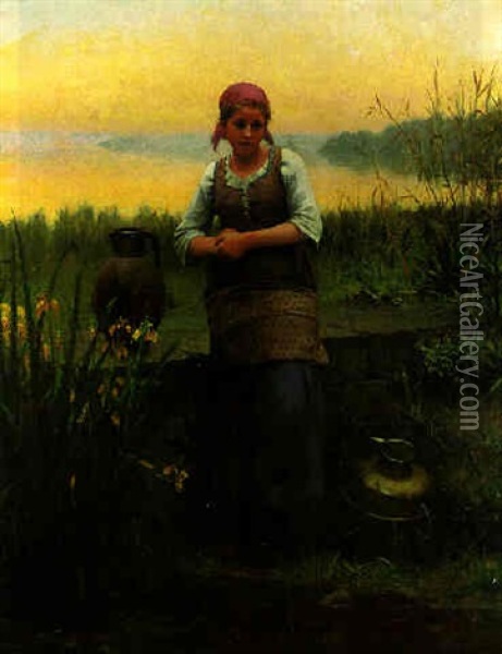 At The Water's Edge Oil Painting - Daniel Ridgway Knight