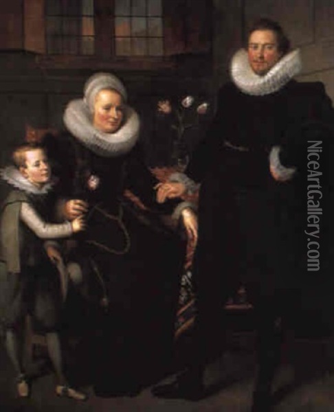 A Group Portrait Of A Family, Full Length, In An Interior Oil Painting - Adam van Noort the Elder