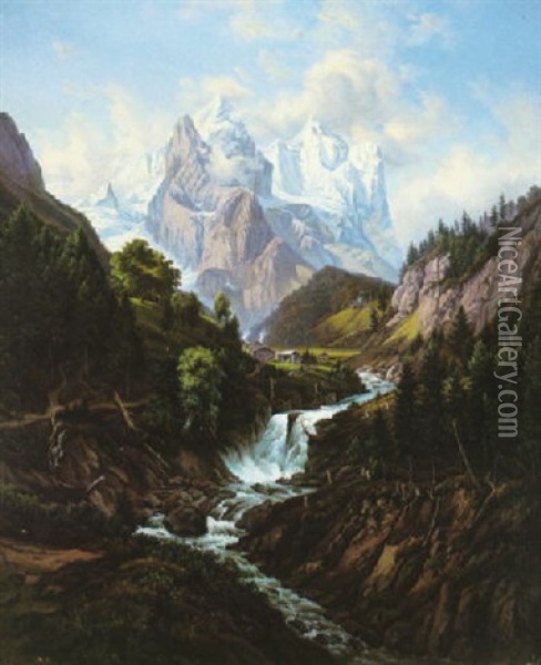 An Alpine Landscape With Rapids In The Foreground And A Cabin In A Valley Beyond Oil Painting - Anton Castell