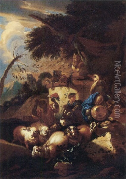 A Muleteer With Sheep, Goats, A Cow, An Ostrich And A Camel By A Statue Of Pan In An Italianate Landscape Oil Painting - Giovanni Benedetto Castiglione