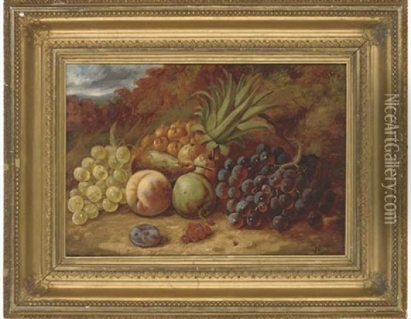 Grapes, Pineapple, Pear, Apples, Peach, Plum And Redcurrants, On A Mossy Bank Oil Painting - William Hughes