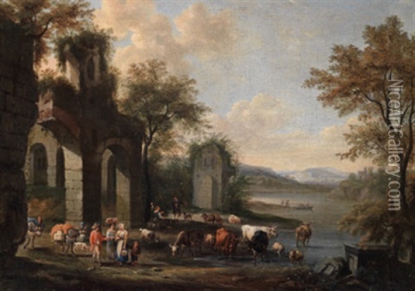 Hirten Und Ihre Herde Vor Romischen Ruinen Oil Painting - Pieter Bout