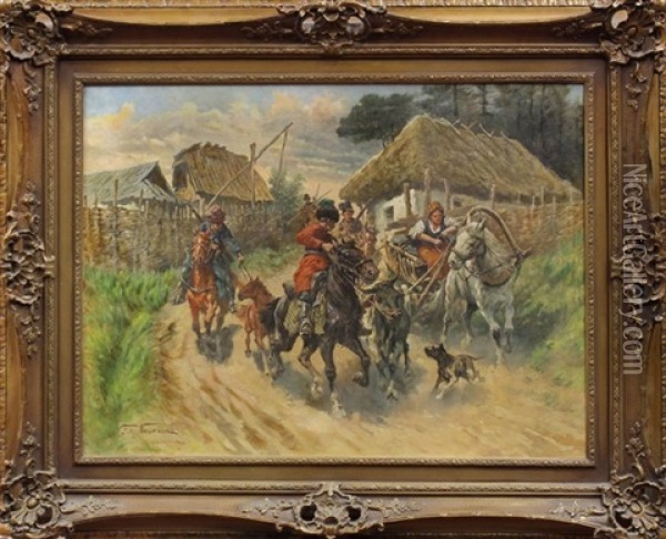 Russian Cossacks Rounding Up Livestock Oil Painting - Fritz Neumann